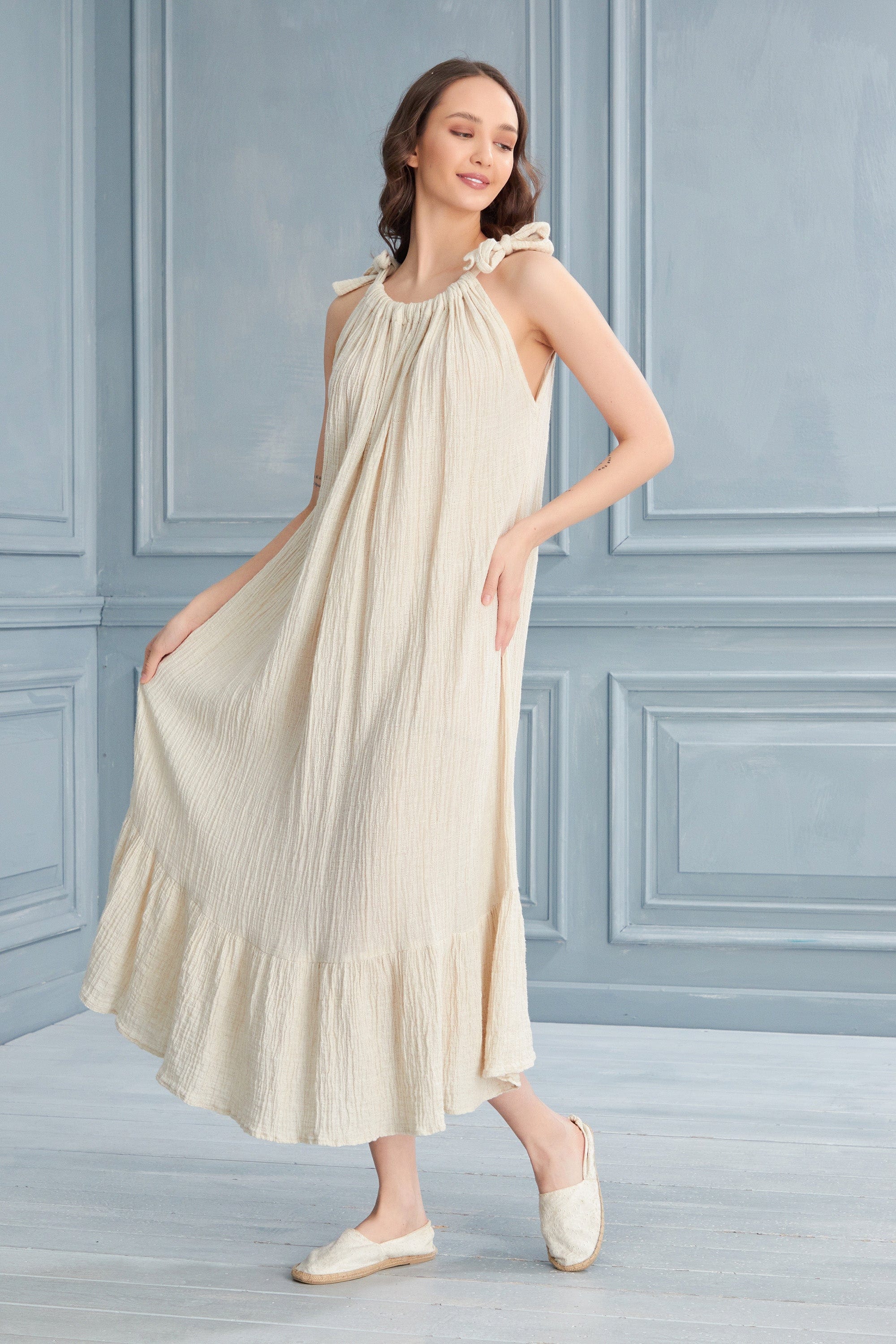 Begonville Tuana Shoulder Tied Tiered Maxi Dress - Linen